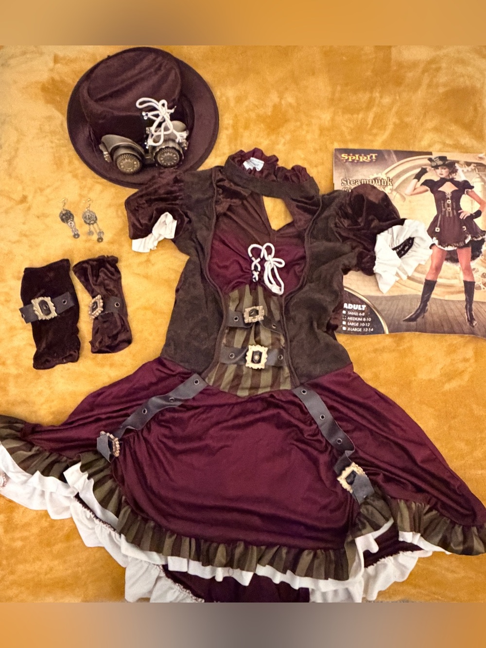 Steampunk Burgundy and Brown Women’s Costume Dress with Hat and Accessories